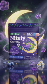 วิดีโอกัมมี่นอนหลับ ShyOlive Nitely Blueberry Dream — L-Theanine 160 มก. คาโมมายล์ 100 มก. ต่อ 2 เม็ด ไม่มีเมลาโทนิน